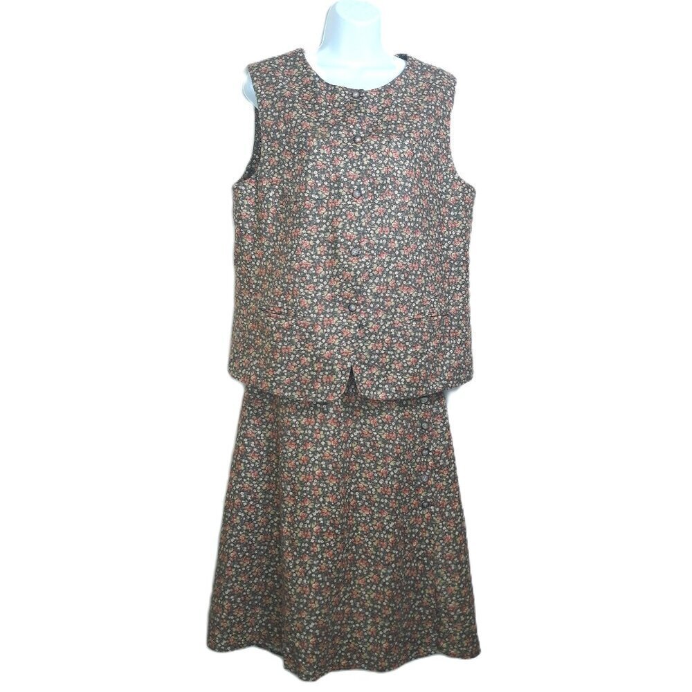 Cottagecore Linen Blend Calico Floral Midi Skirt & Vest Set Green Preppy - Picture 1 of 10